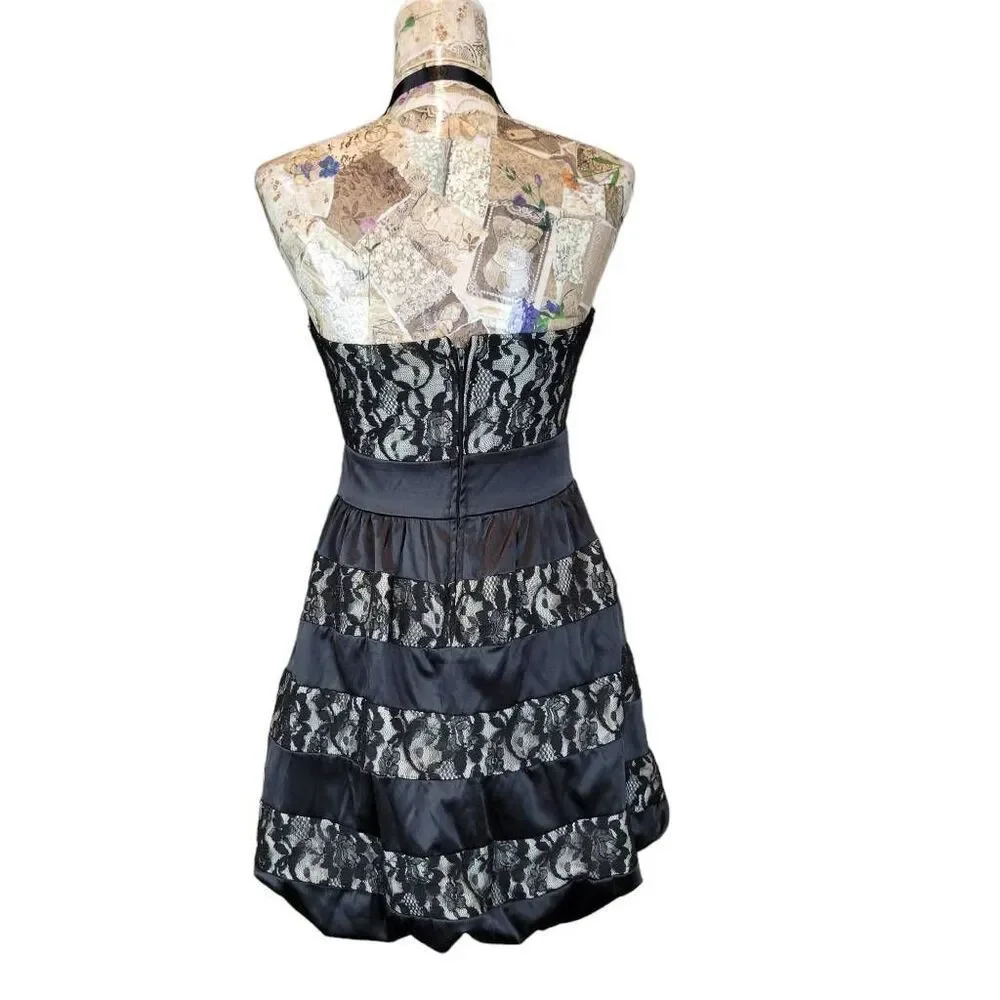Cocktail Party Evening Black Lacey Layers Satin Strapless Sweetheart Mini Dress